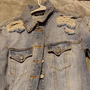 BEBE Distressed Light Blue Denim Jacket sz xxs